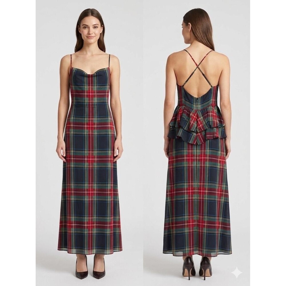 J. Crew Dress Womens L Multicolor Plaid Silk Sweetheart Slip Maxi Ruffle Back
